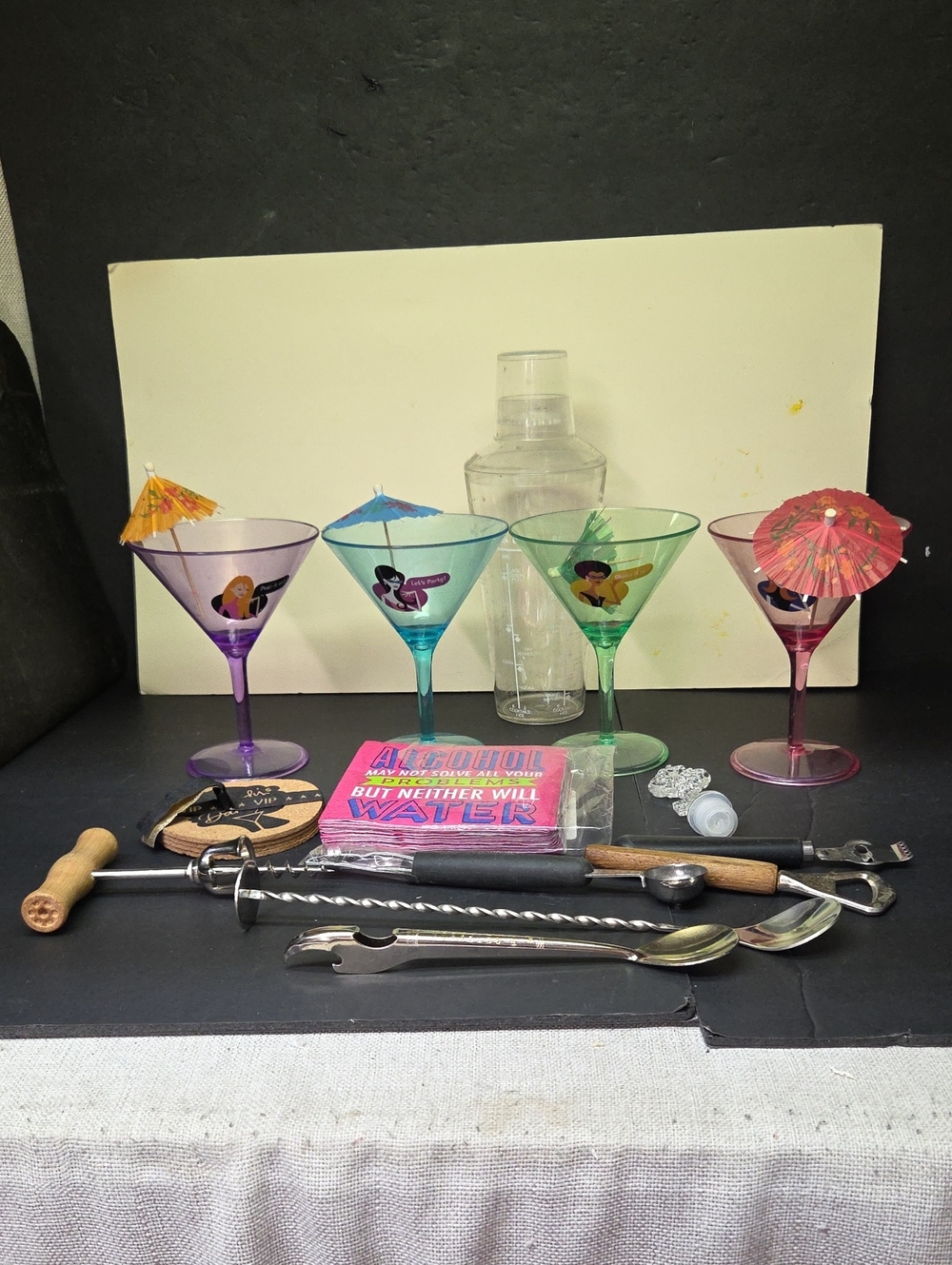 Fun Express Plastic Martini Glasses 6, Shaker, Utensils, Napkins, Coasters